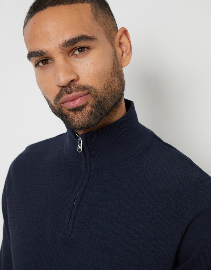 Navy Basket Stitch Mock T-Shirt Quarter Zip Jumper