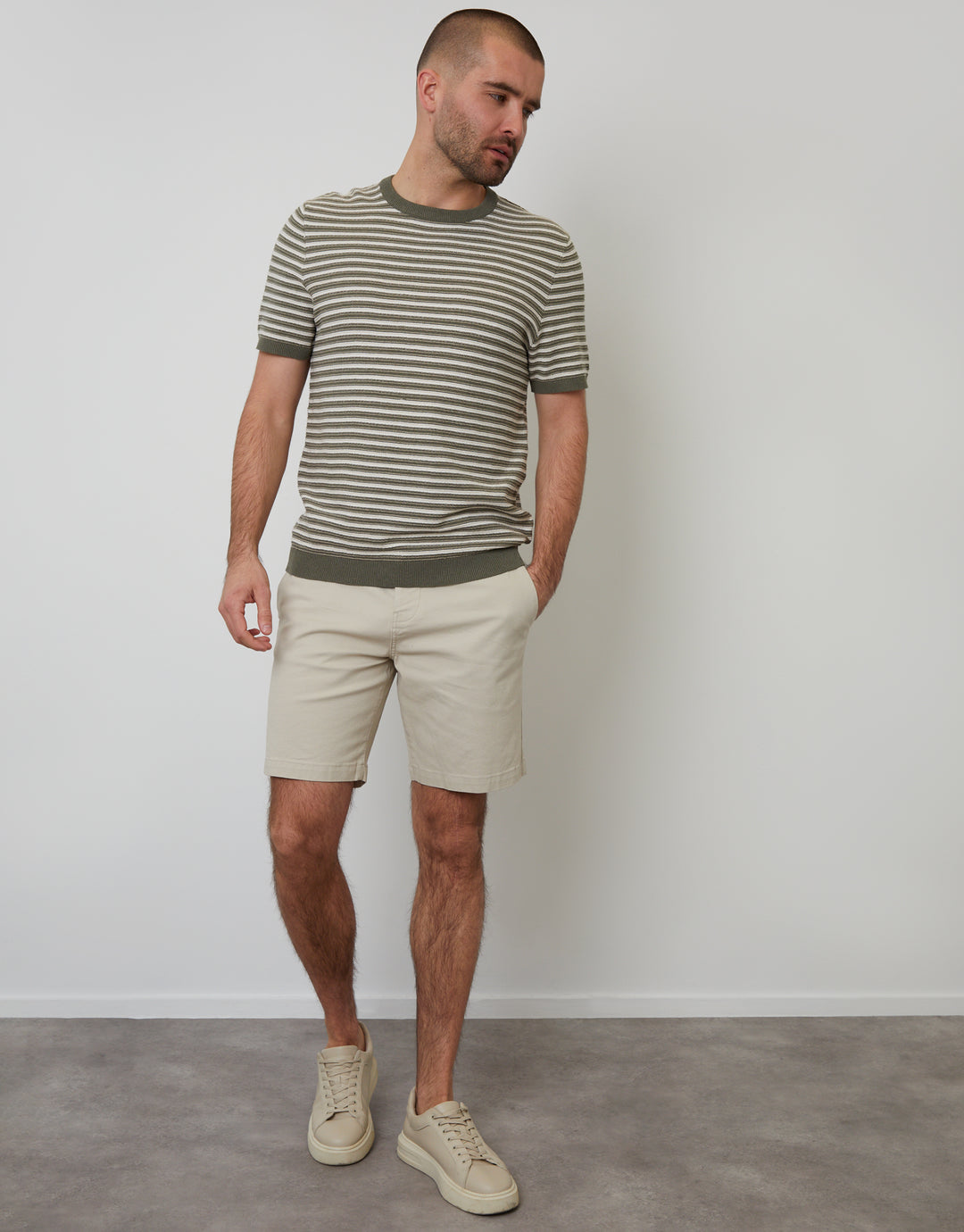Khaki Green Striped Textured Knitted T-Shirt