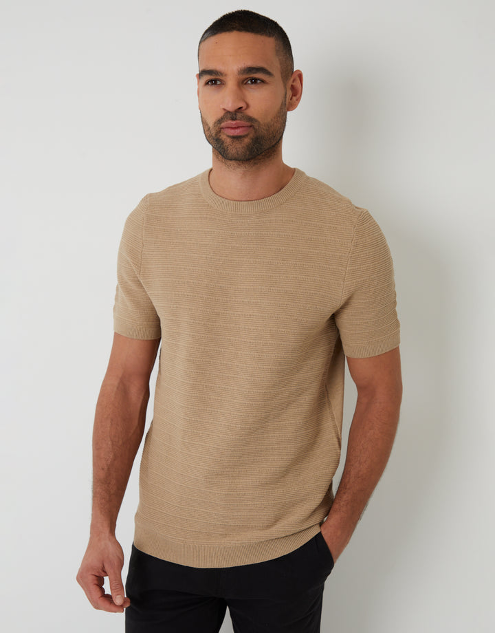 Brown Textured Knitted T-Shirt