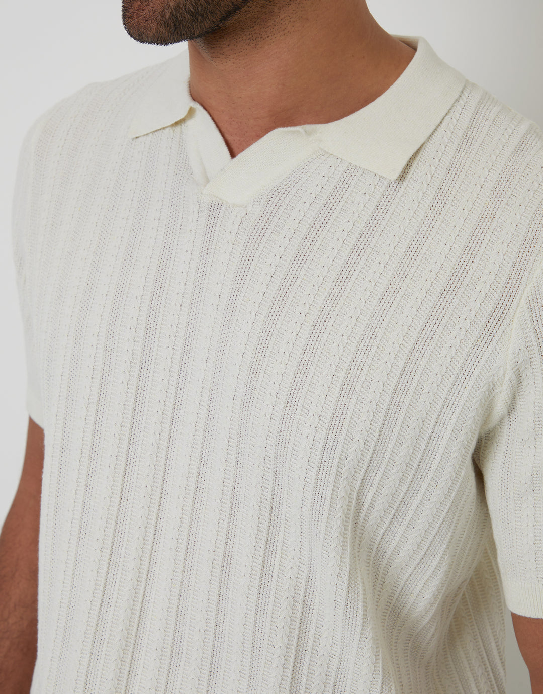 Ecru Textured Knitted Trophy Neck Polo