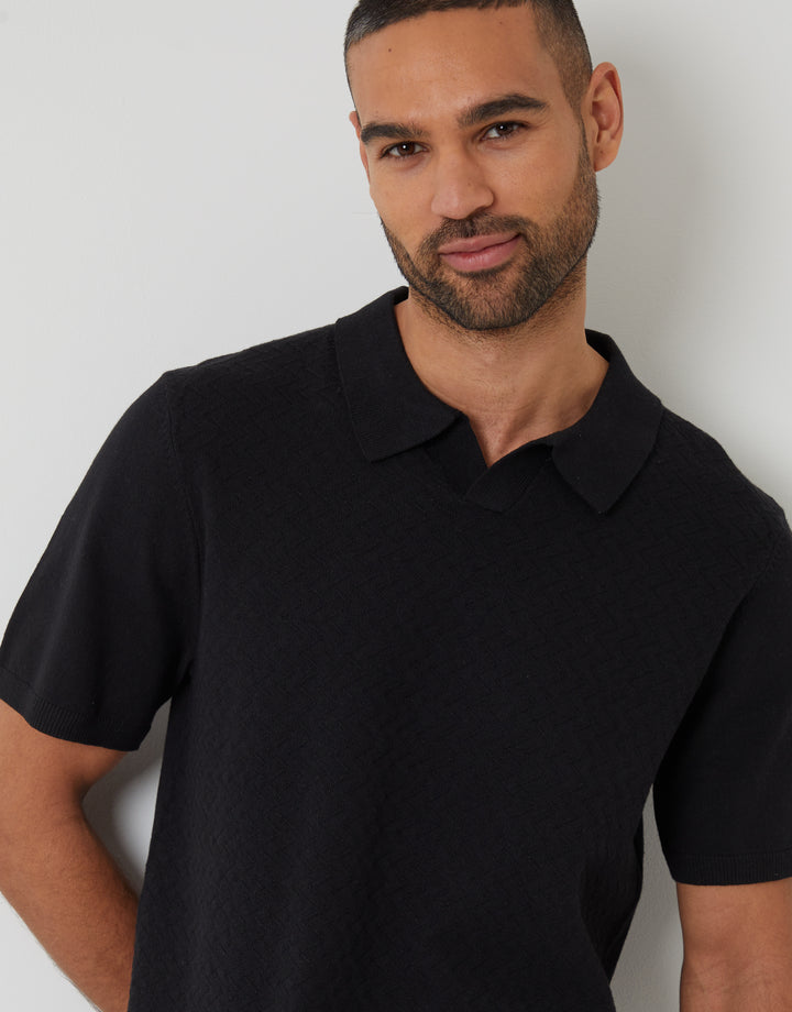 Black Textured Front Knitted Trophy Neck Polo