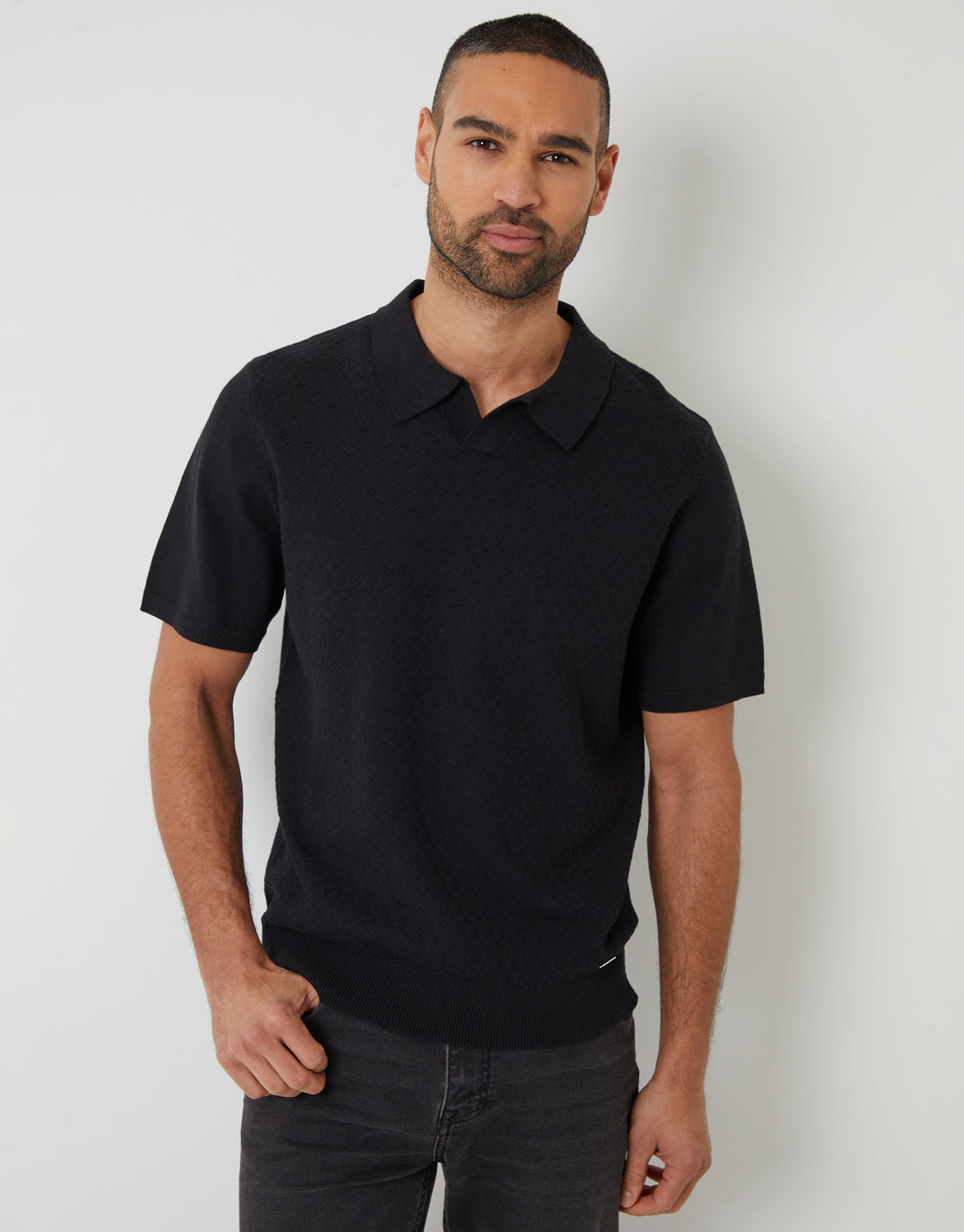 Black Textured Front Knitted Trophy Neck Polo