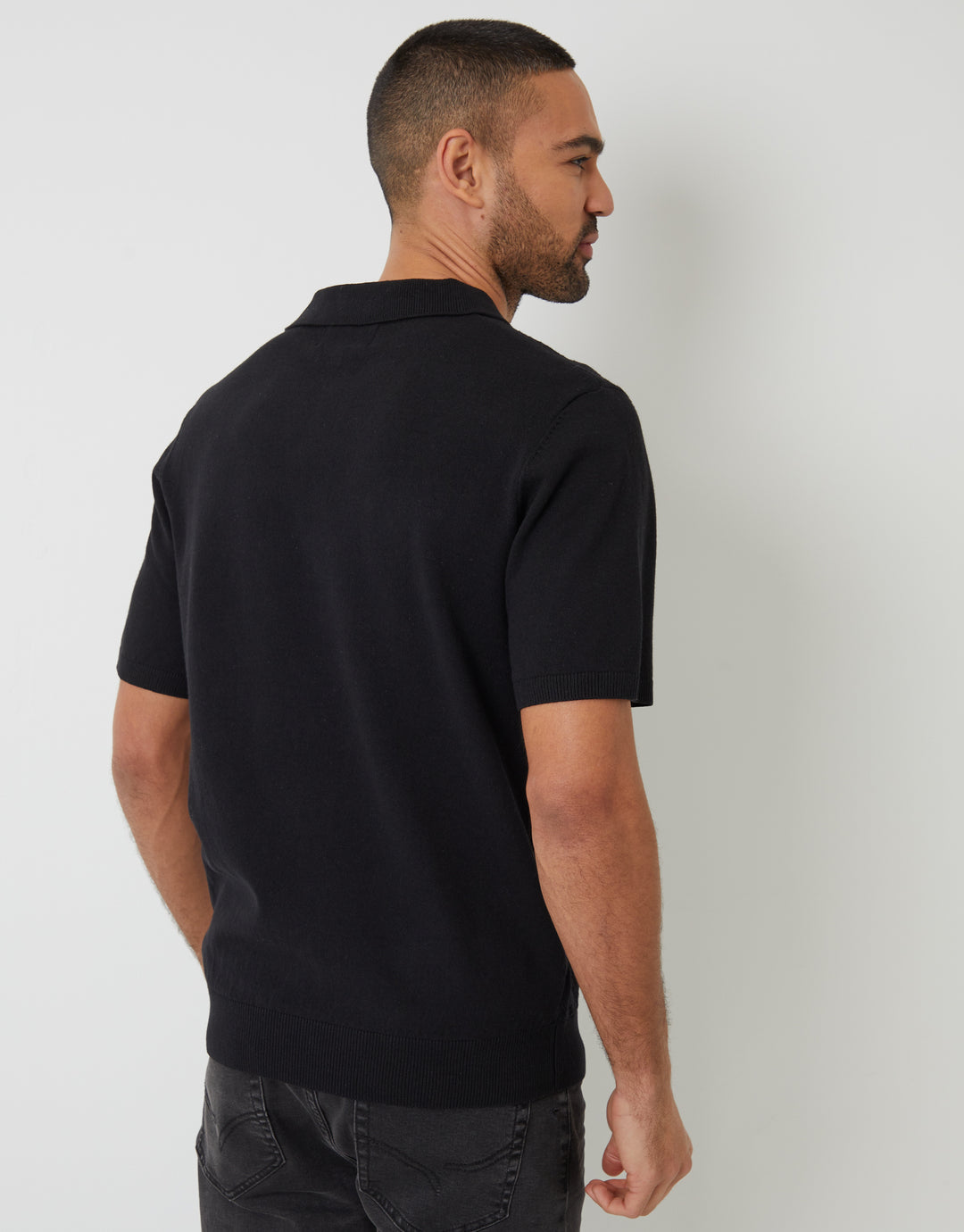 Black Textured Front Knitted Trophy Neck Polo