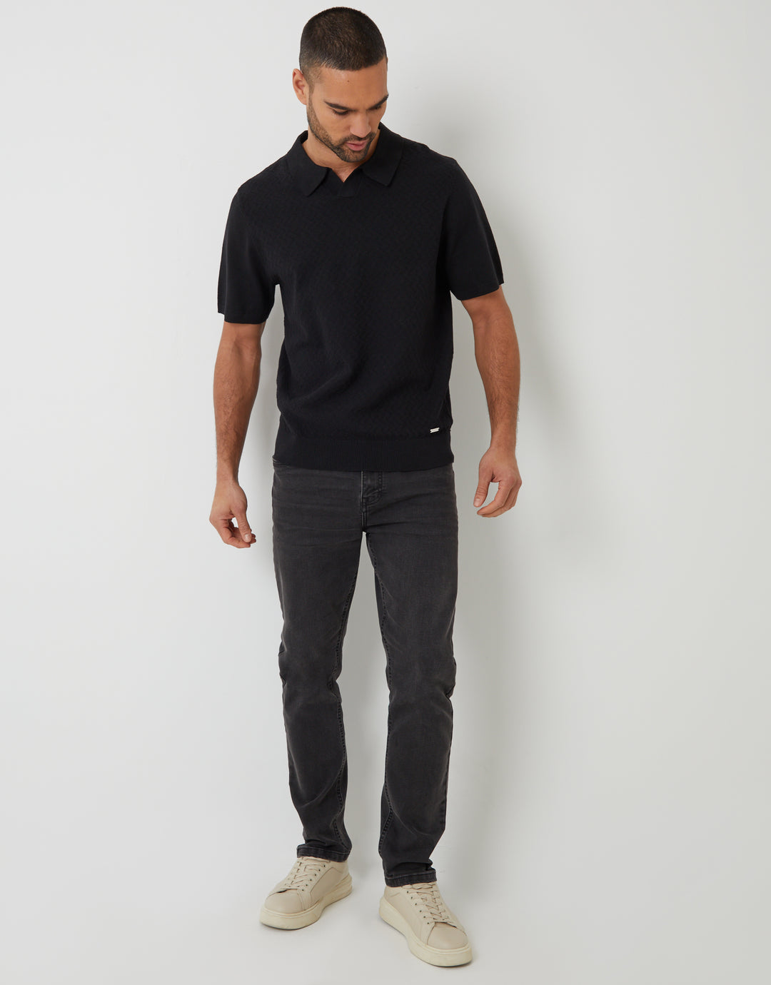 Black Textured Front Knitted Trophy Neck Polo