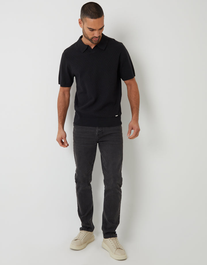 Black Textured Front Knitted Trophy Neck Polo