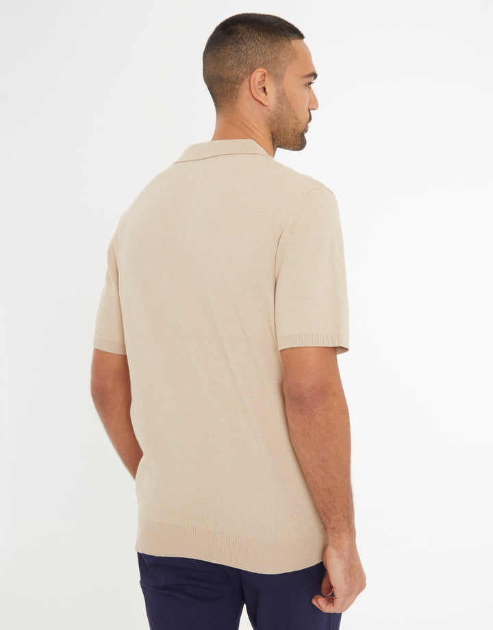 Beige Textured Front Knitted Trophy Neck Polo