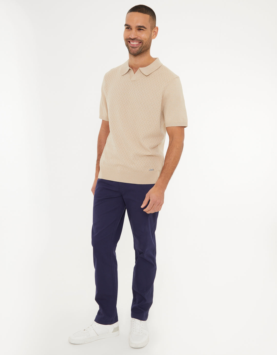 Beige Textured Front Knitted Trophy Neck Polo