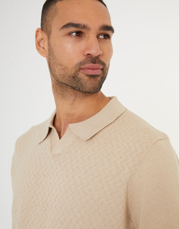 Beige Textured Front Knitted Trophy Neck Polo