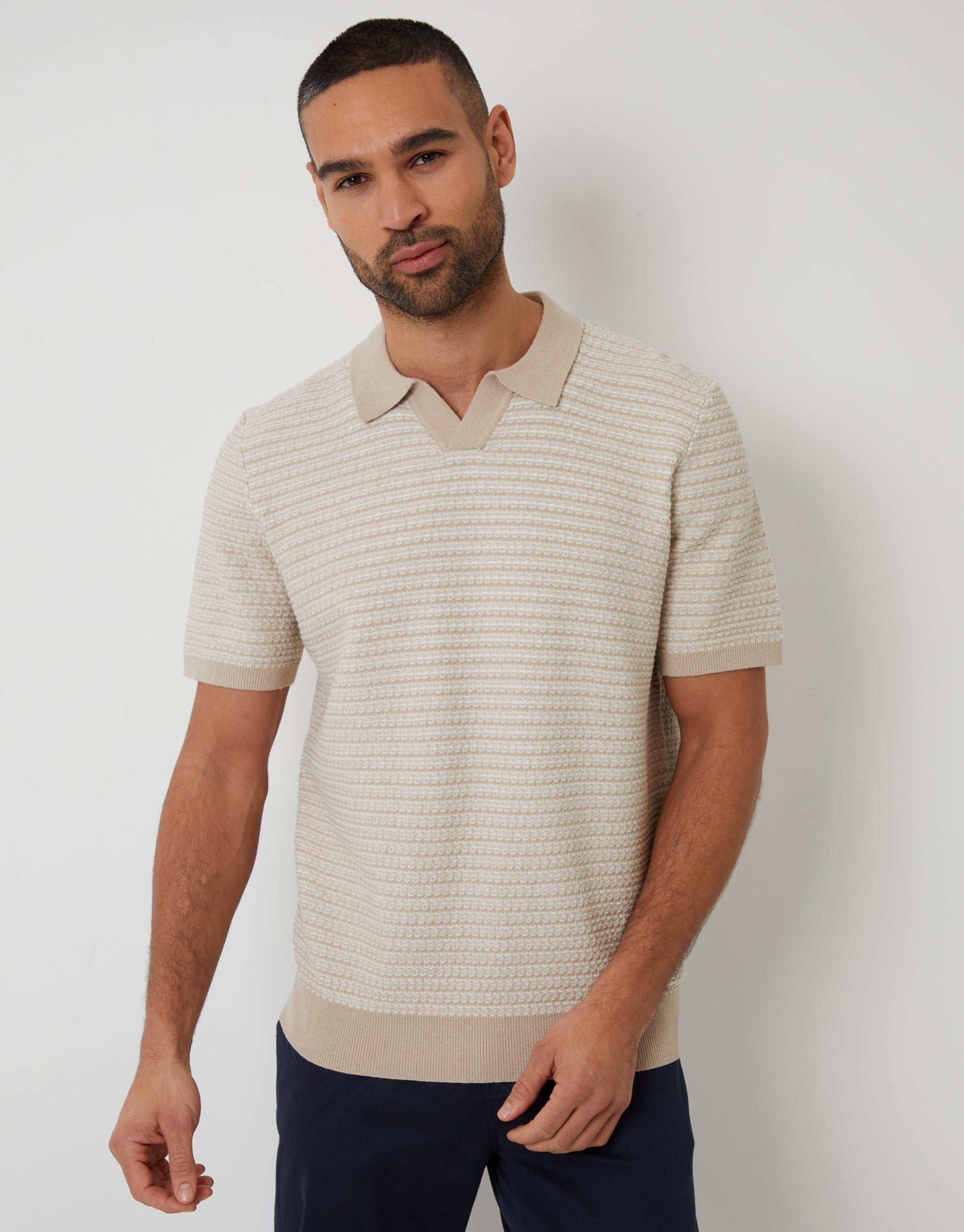 Threadbare Men's Beige Textured Stripe Knit Trophy Neck Polo