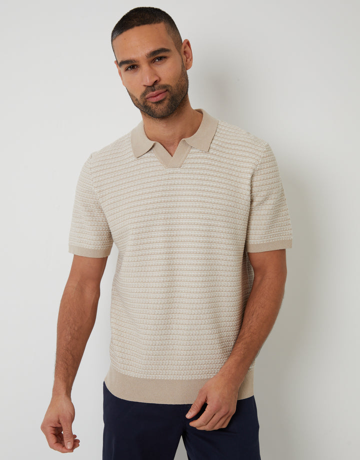 Beige Textured Stripe Knit Trophy Neck Polo