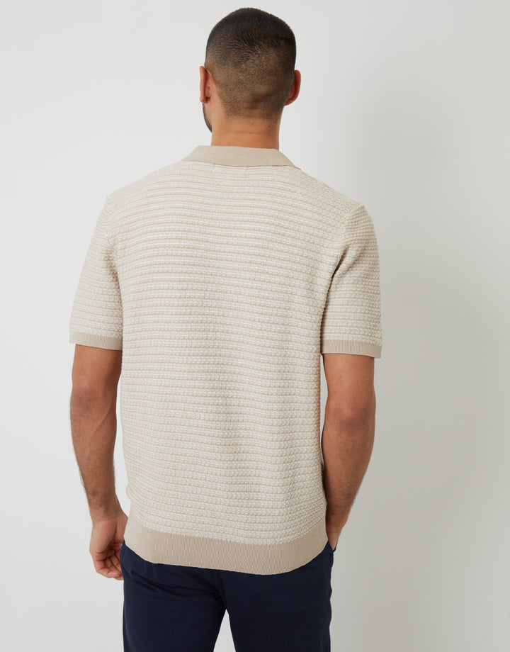Beige Textured Stripe Knit Trophy Neck Polo