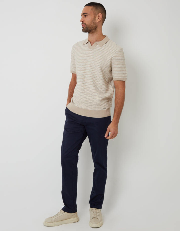 Beige Textured Stripe Knit Trophy Neck Polo