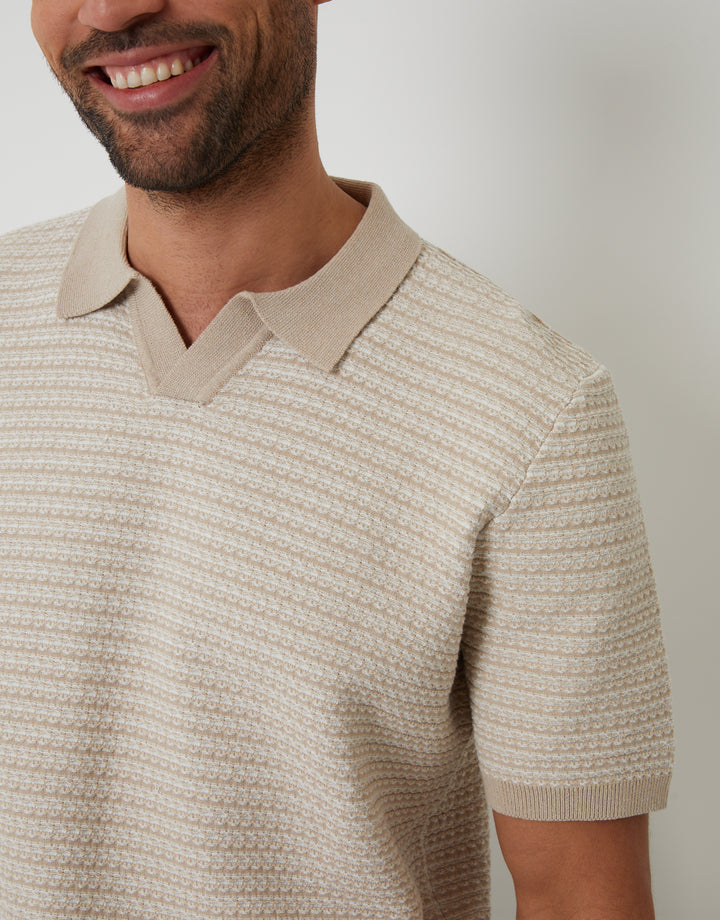 Beige Textured Stripe Knit Trophy Neck Polo