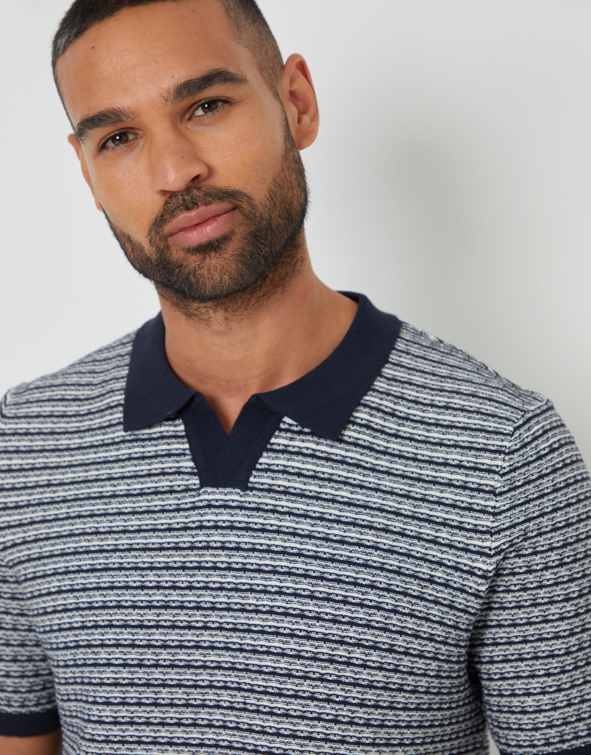 Threadbare Men's Navy Textured Stripe Knit Trophy Neck Polo