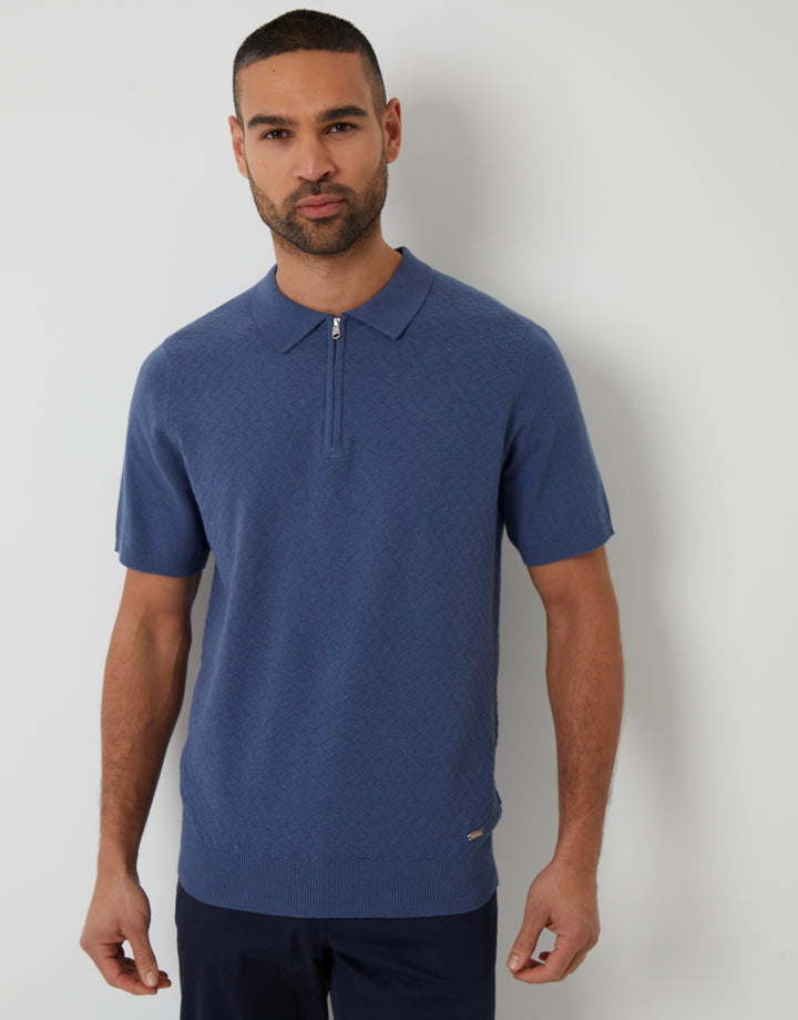 Denim Blue Textured Front Quarter Zip Knitted Polo