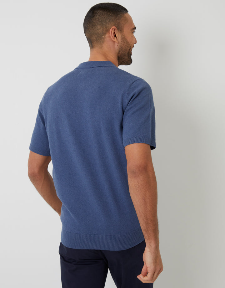 Denim Blue Textured Front Quarter Zip Knitted Polo