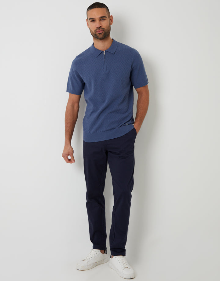 Denim Blue Textured Front Quarter Zip Knitted Polo