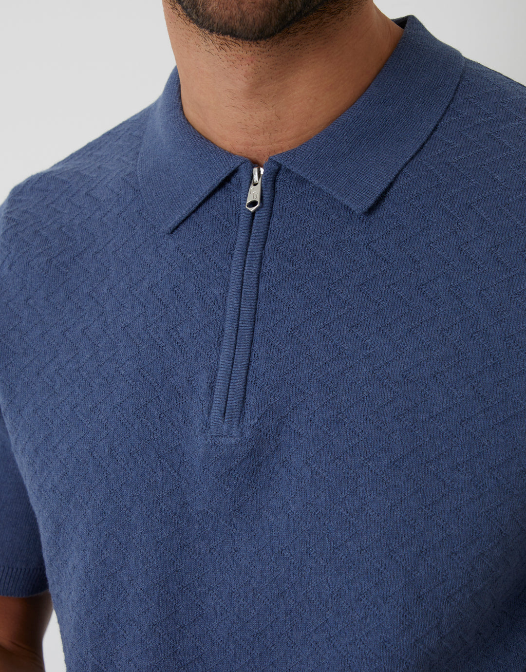 Denim Blue Textured Front Quarter Zip Knitted Polo