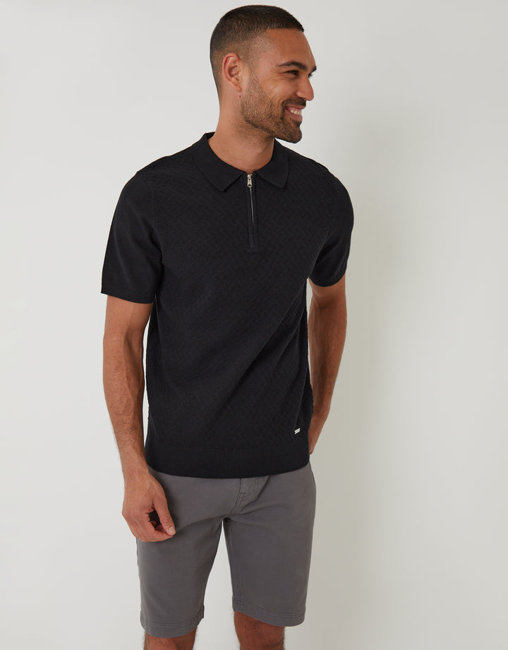 Black Textured Front Quarter Zip Knitted Polo
