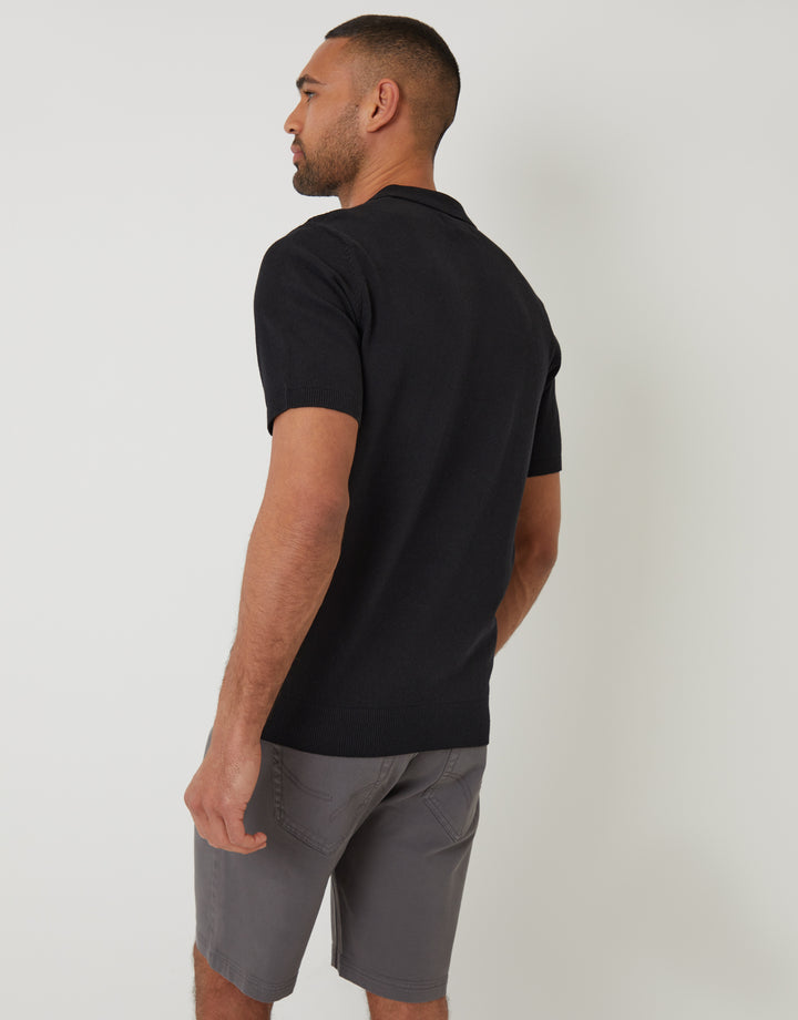 Black Textured Front Quarter Zip Knitted Polo