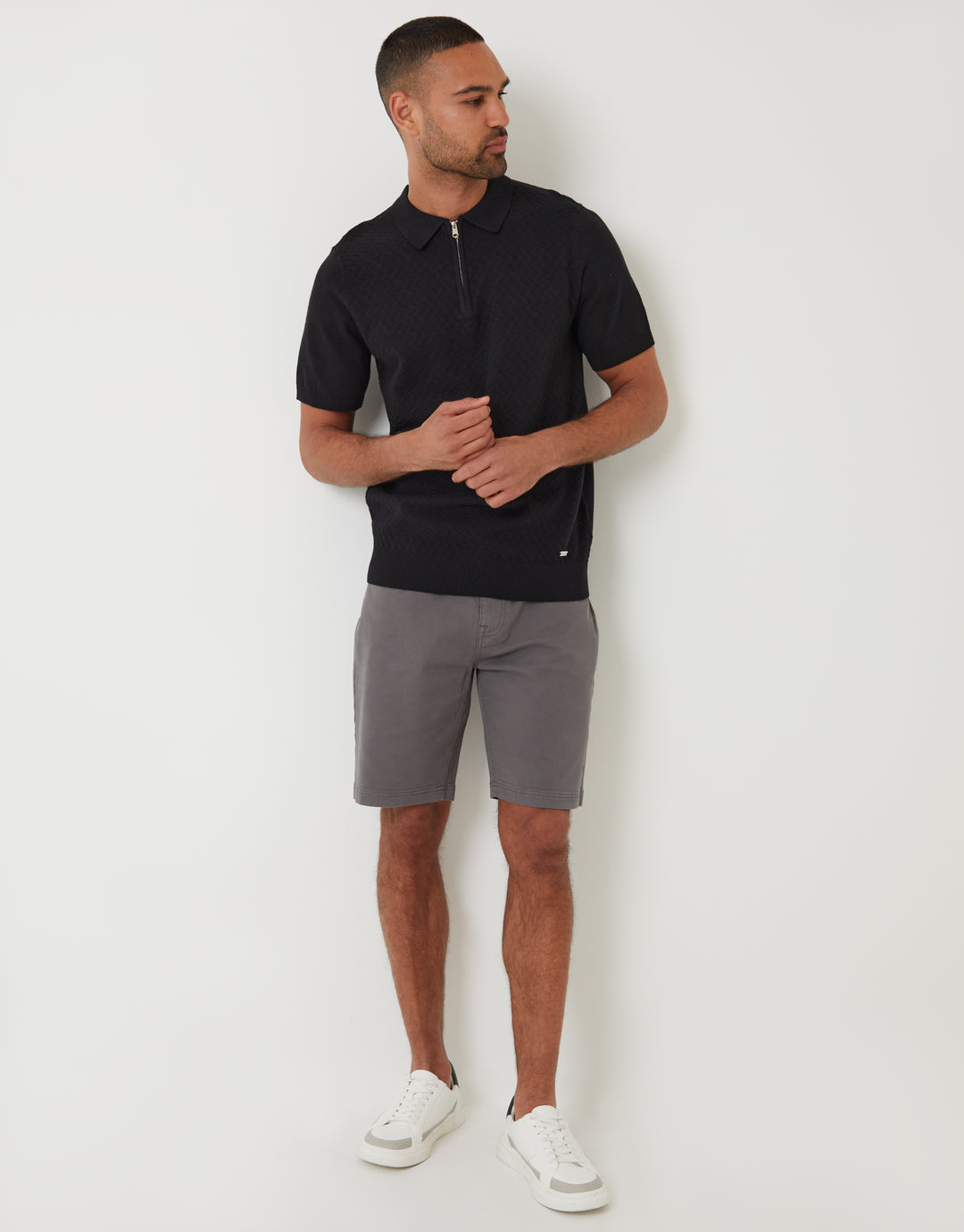 Black Textured Front Quarter Zip Knitted Polo