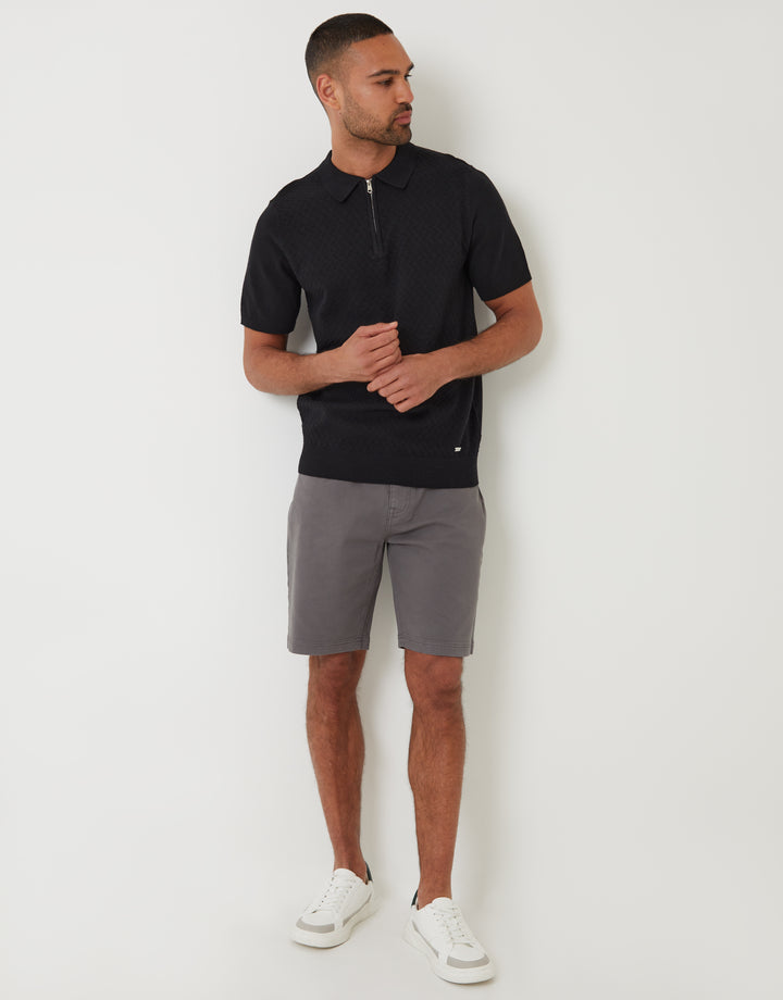 Black Textured Front Quarter Zip Knitted Polo