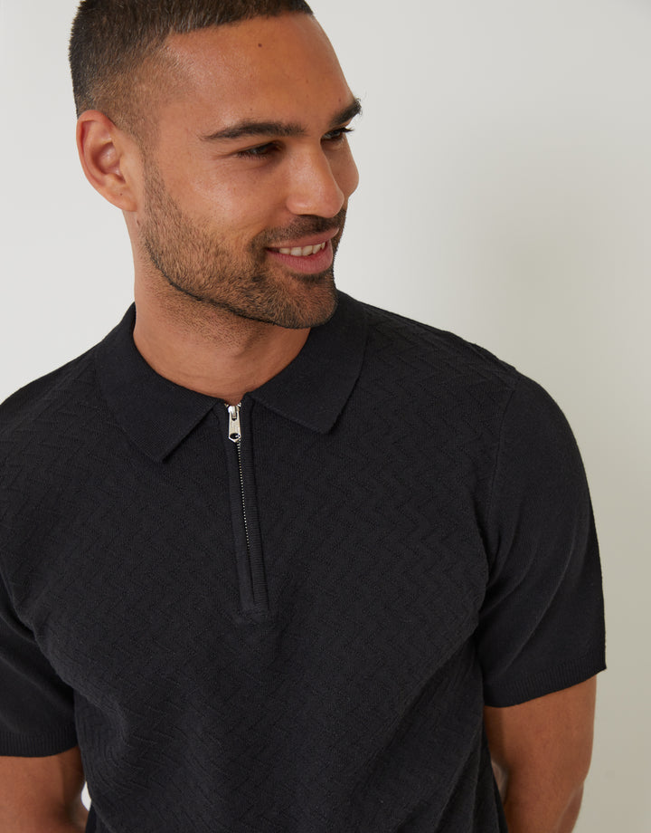 Black Textured Front Quarter Zip Knitted Polo