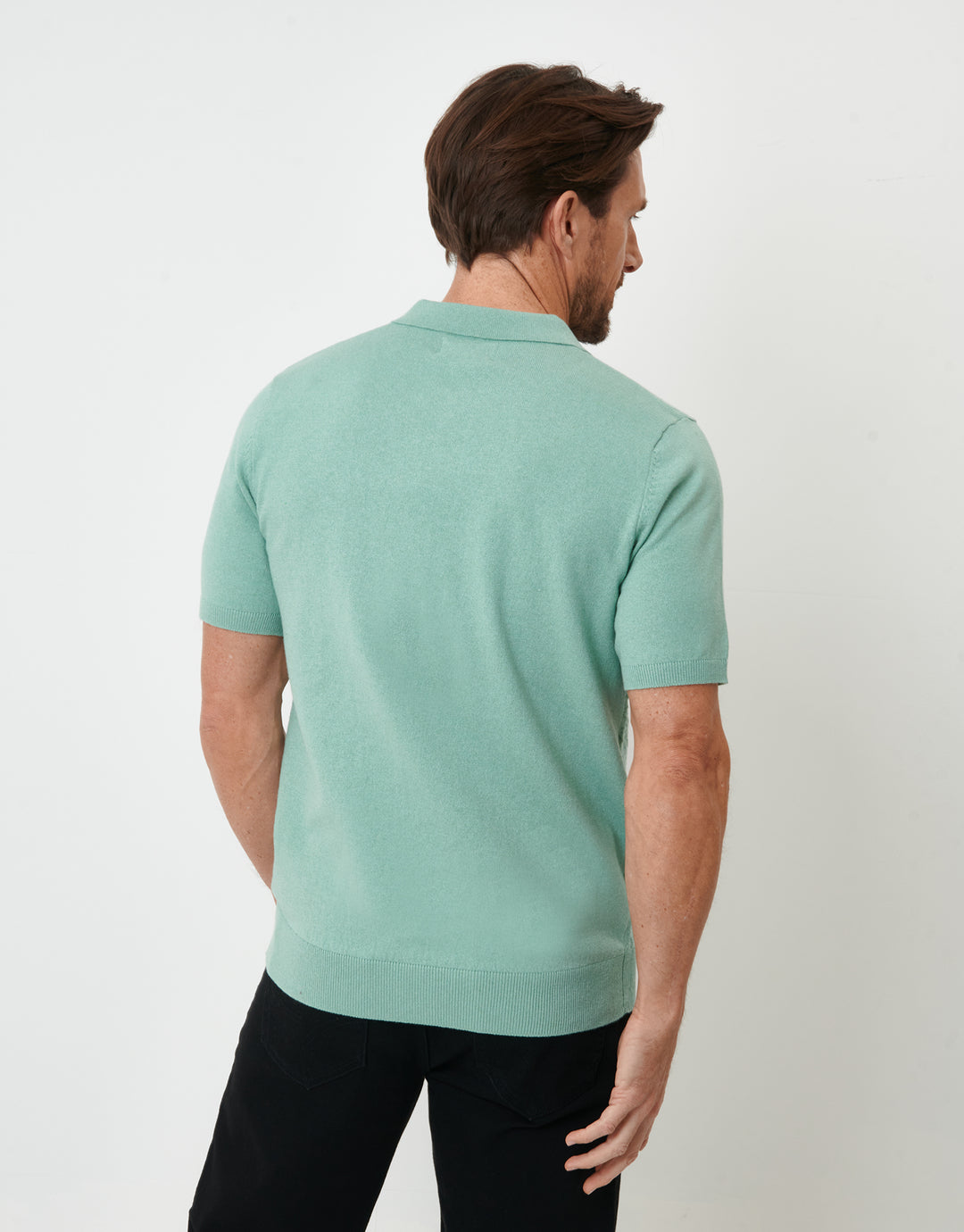 Sage Green Textured Front Quarter Zip Knitted Polo
