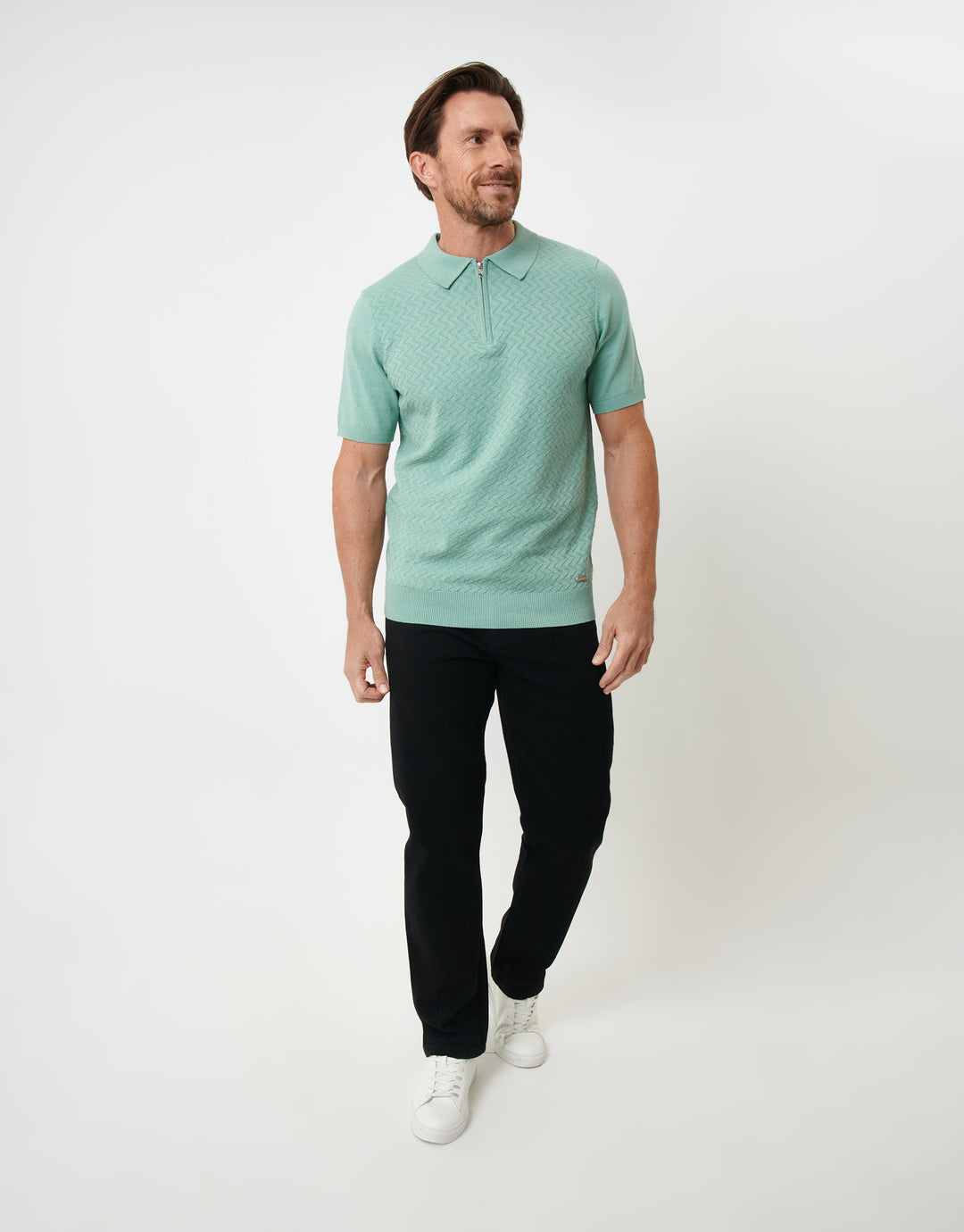 Sage Green Textured Front Quarter Zip Knitted Polo