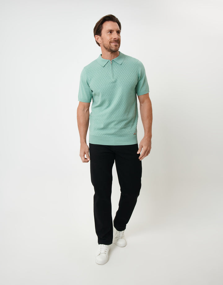 Sage Green Textured Front Quarter Zip Knitted Polo