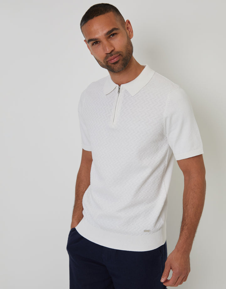 Ecru Textured Front Quarter Zip Knitted Polo