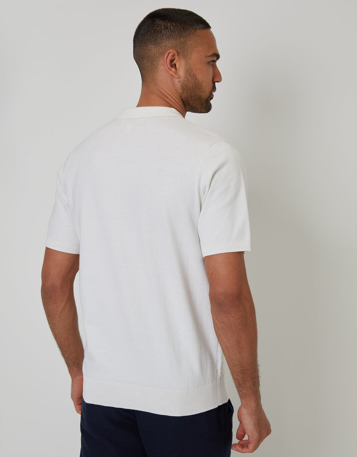 Ecru Textured Front Quarter Zip Knitted Polo