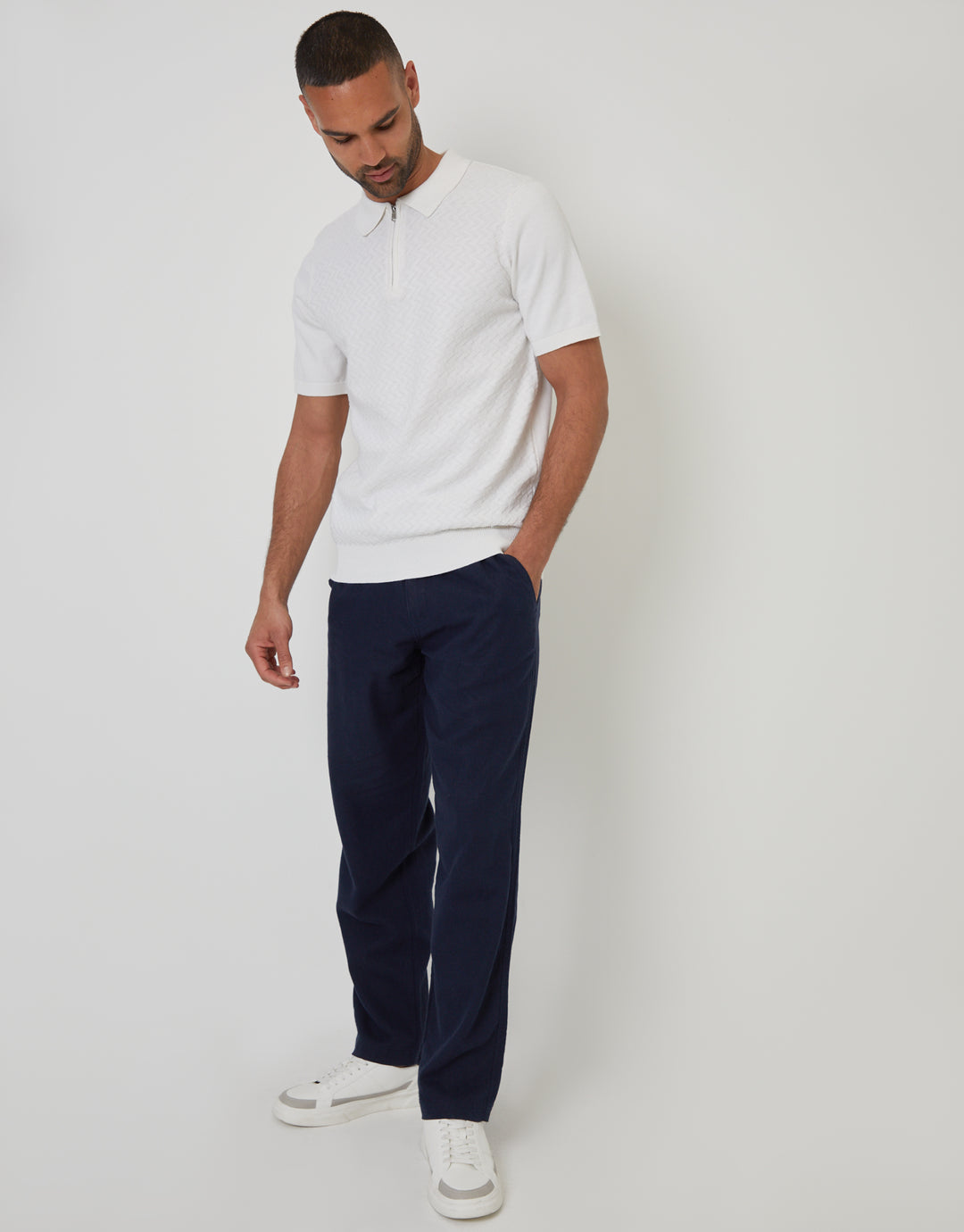 Ecru Textured Front Quarter Zip Knitted Polo