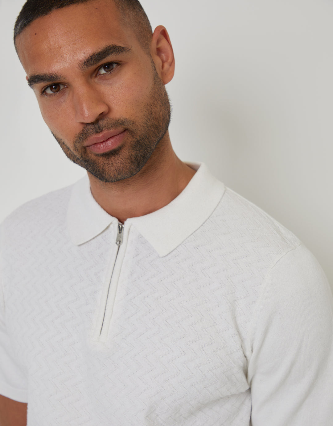 Ecru Textured Front Quarter Zip Knitted Polo
