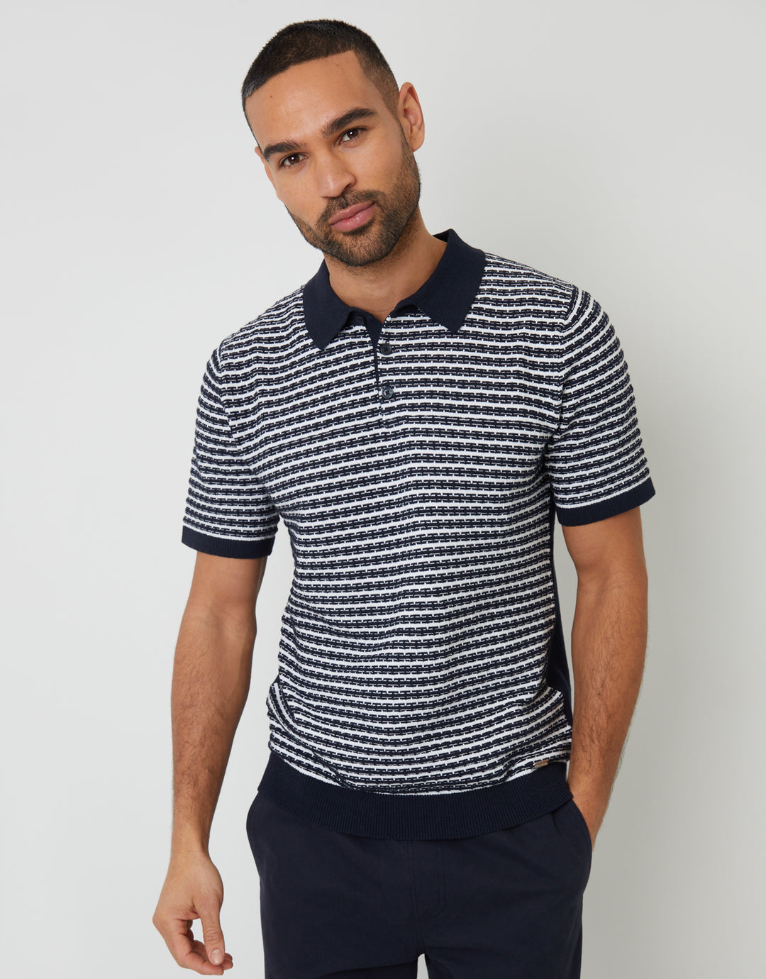 Navy Textured Stripe Knitted Polo Shirt