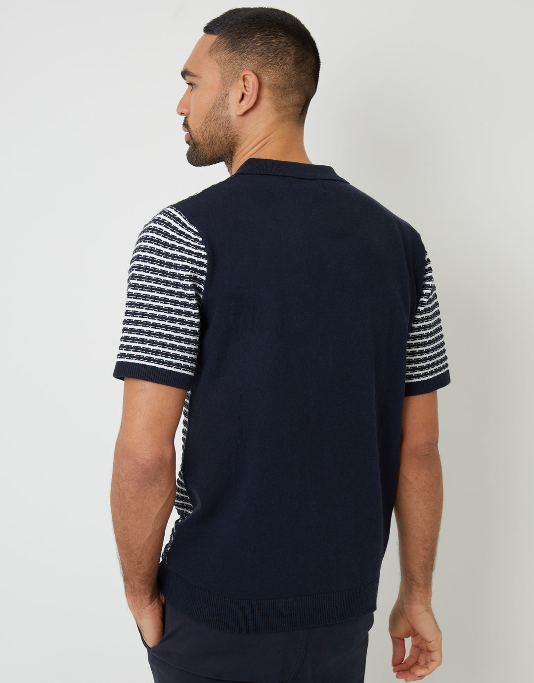 Navy Textured Stripe Knitted Polo Shirt