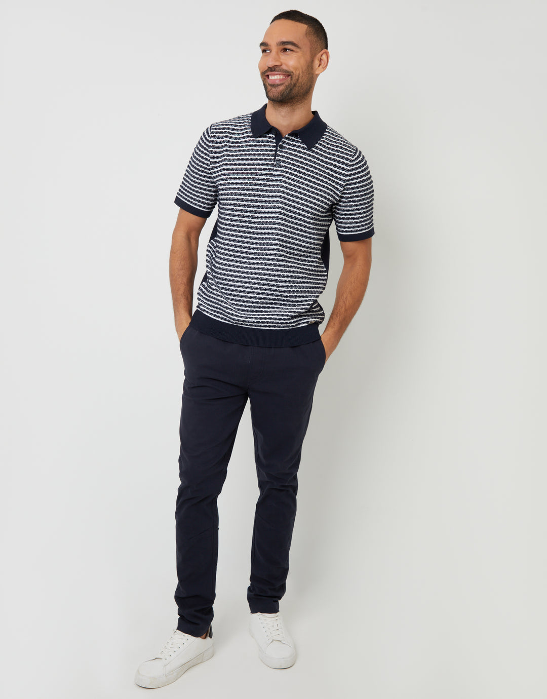 Navy Textured Stripe Knitted Polo Shirt