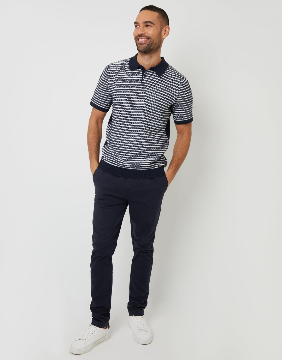 Navy Textured Stripe Knitted Polo Shirt