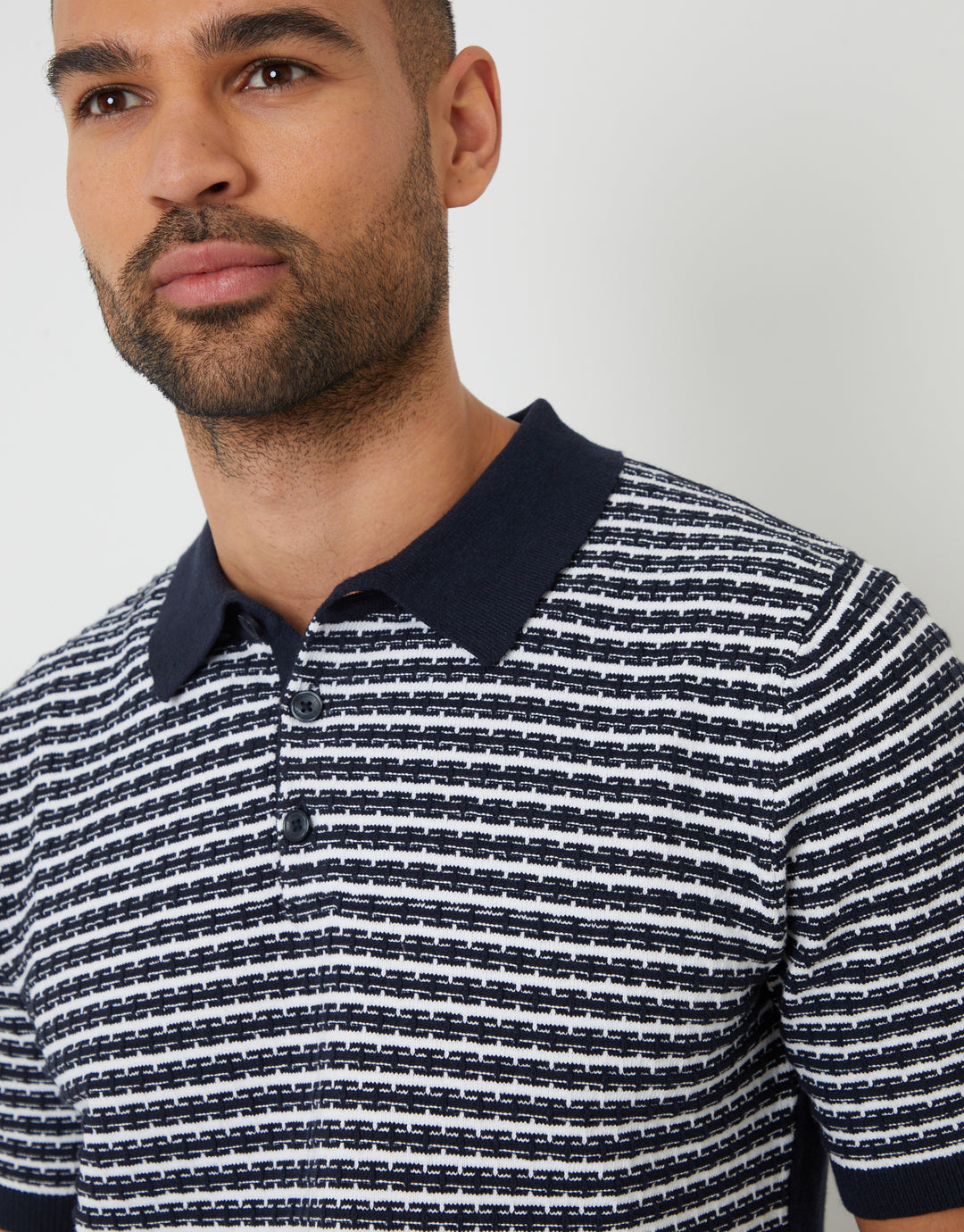 Navy Textured Stripe Knitted Polo Shirt