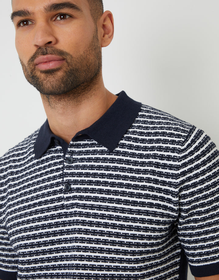 Navy Textured Stripe Knitted Polo Shirt
