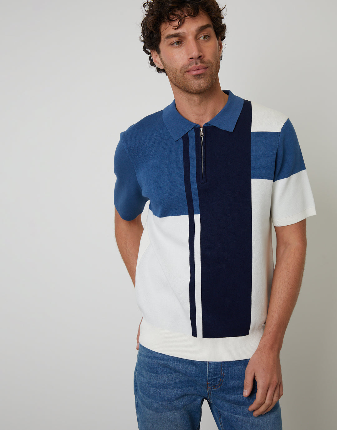 Navy Colourblock Quarter Zip Knitted Polo