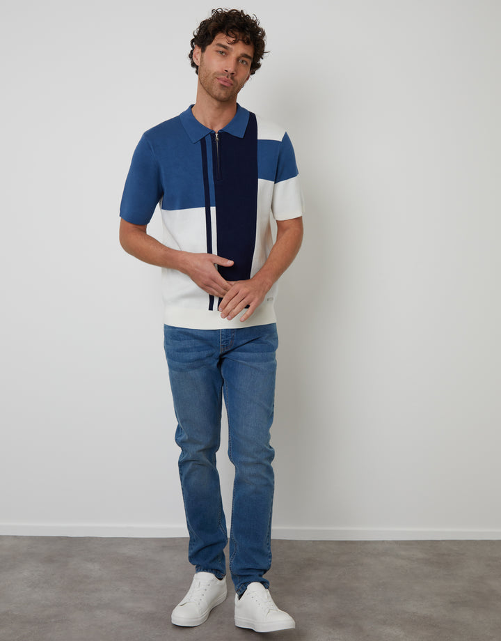Navy Colourblock Quarter Zip Knitted Polo