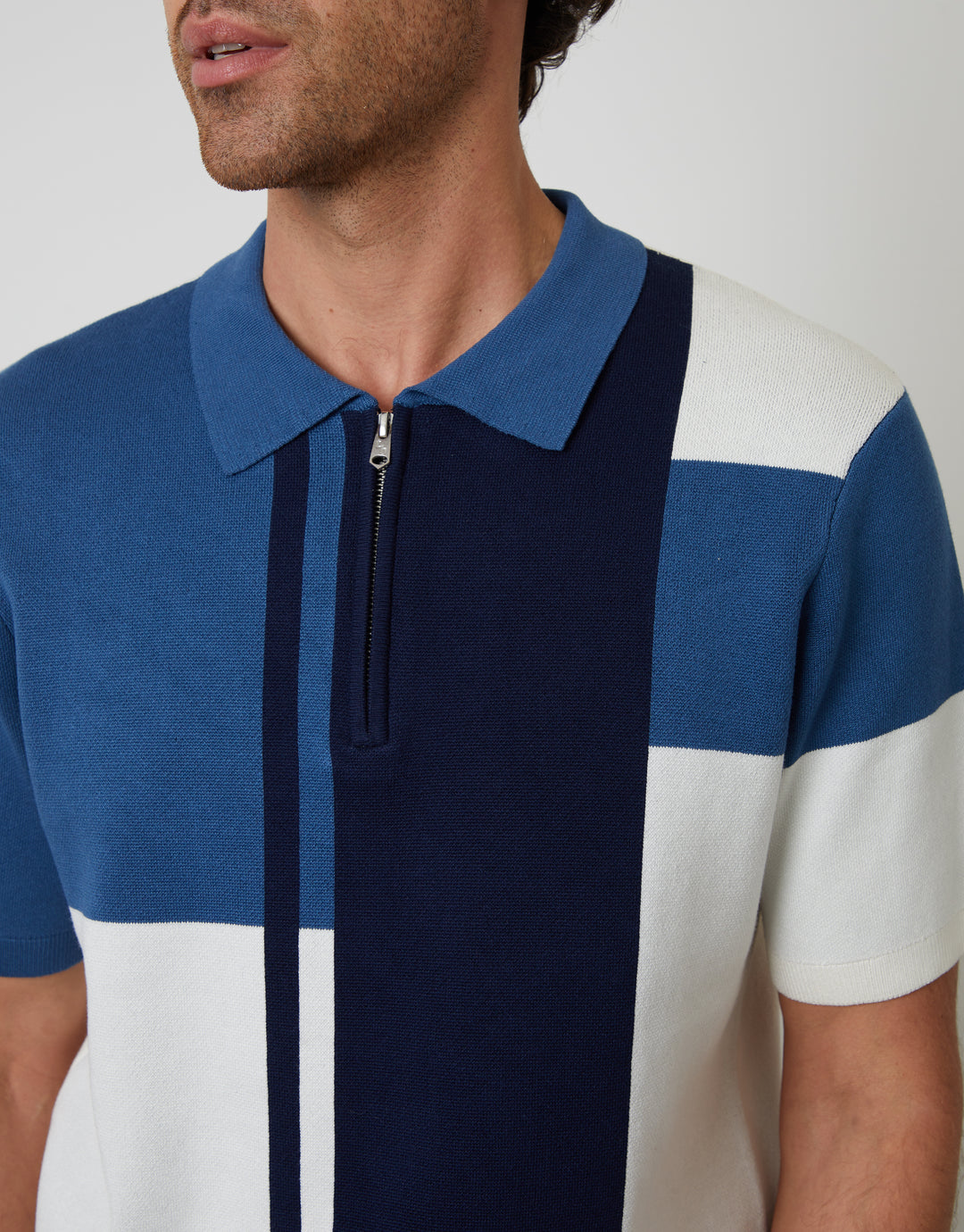 Navy Colourblock Quarter Zip Knitted Polo