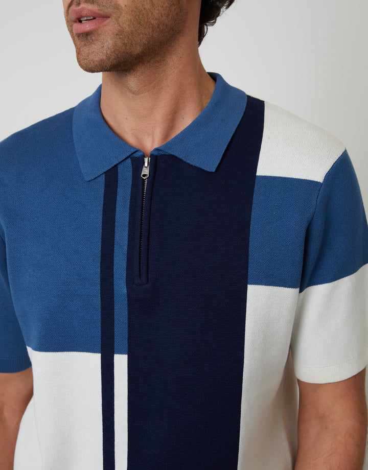 Navy Colourblock Quarter Zip Knitted Polo