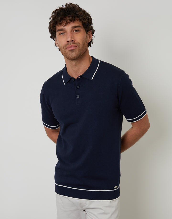 Navy Knitted Short Sleeve Polo