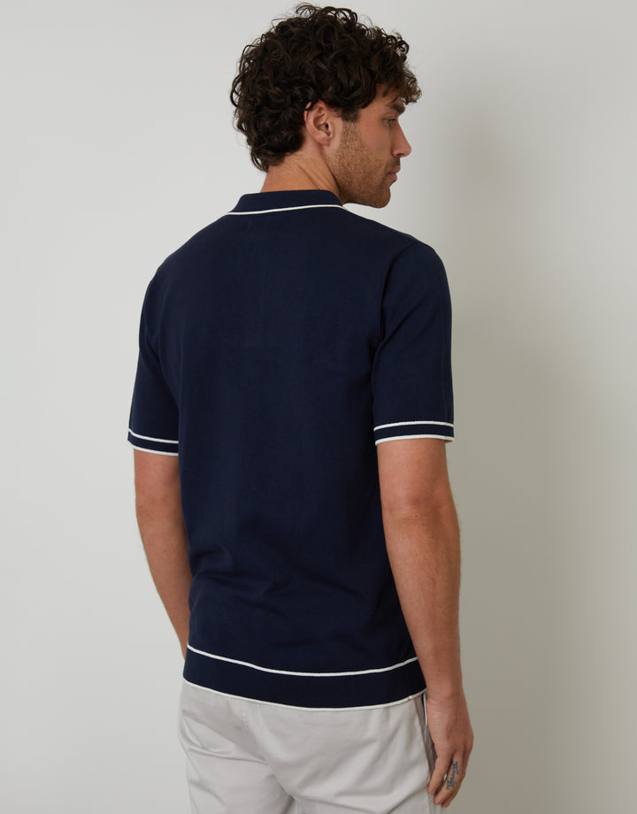 Navy Knitted Short Sleeve Polo