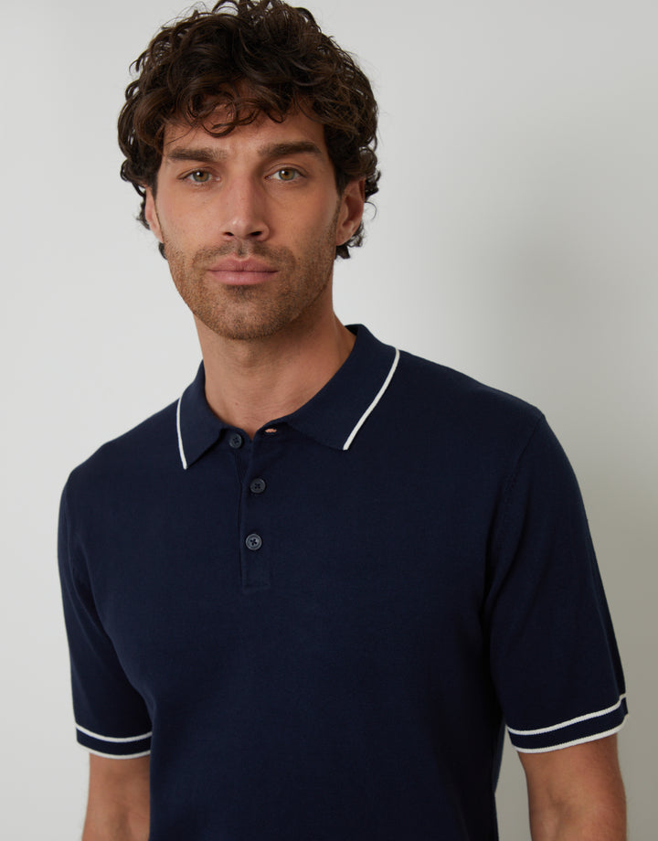Navy Knitted Short Sleeve Polo