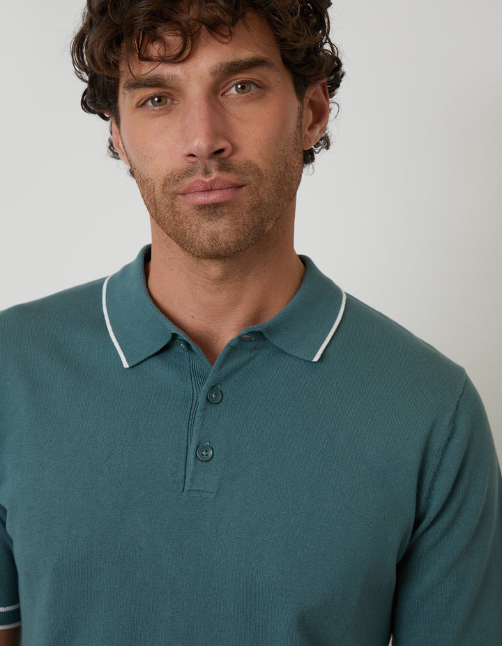 Dark Sage Green Knitted Short Sleeve Polo