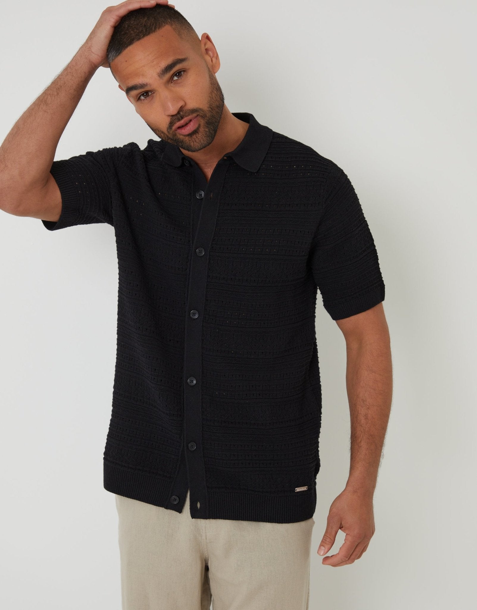 Threadbare Crown Threadbare Men's Black Textured Knitted Button Through Polo Shirt