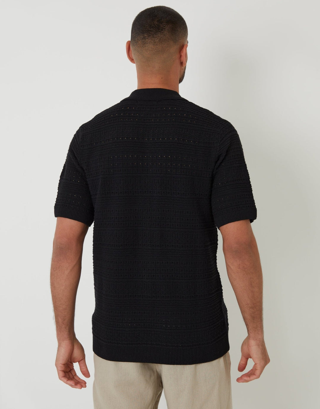 Threadbare Crown Threadbare Men's Black Textured Knitted Button Through Polo Shirt